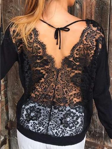 Dashion Pure Backless Round neck Lace Long sleeve T-Shirts