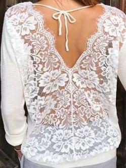 Dashion Pure Backless Round neck Lace Long sleeve T-Shirts