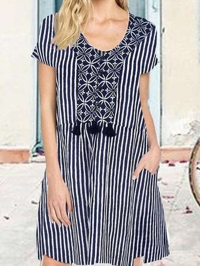Casual Loose Stripe Round neck Short sleeve Shift Dresses