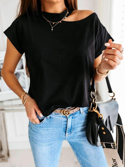 Pure Round neck Off shoulder Short sleeve T-Shirts