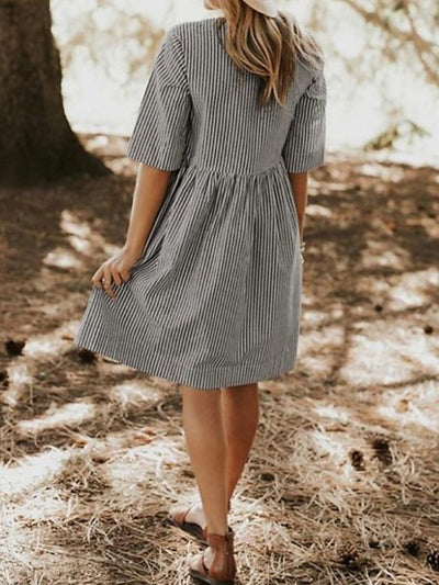 Round Neck Striped Pocket Loose Casual Dress