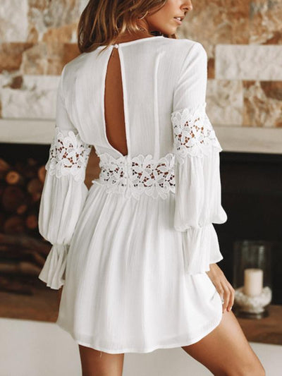 Chic White Long sleeve v-neck lace patchwork Min Skater dresses