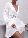 Chic White Long sleeve v-neck lace patchwork Min Skater dresses