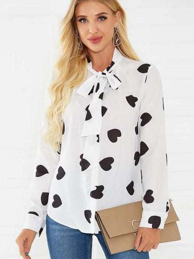 Fashion Point print Stand collar Lacing Long sleeve Blouses