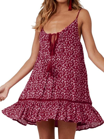 Floral fringed strapless contrast vacation dresses