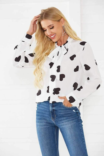 Fashion Point print Stand collar Lacing Long sleeve Blouses