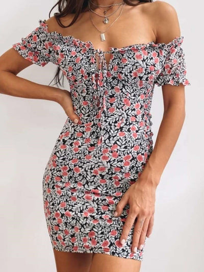 Sexy Print One shoulder Lacing Short sleeve Bodycon Dresses