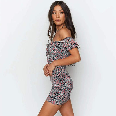 Sexy Print One shoulder Lacing Short sleeve Bodycon Dresses
