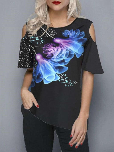Casual Print Round neck Off shoulder Short sleeve T-Shirts