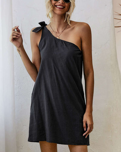 Casual Loose Pure One shoulder Sleeveless Shift Dresses