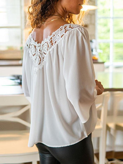 V neck chiffon plain lace decoration blouses