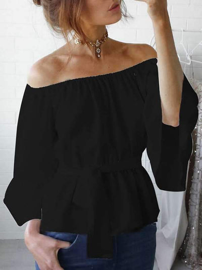 Solid color chiffon Loose Off Shoulder Flared sleeves T-shirts