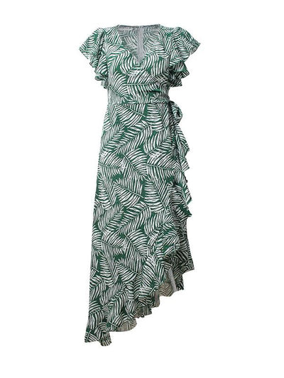 Elegant Woman V Neck Vacation Style Irregular Hem Leaf Printed Maxi Dresses