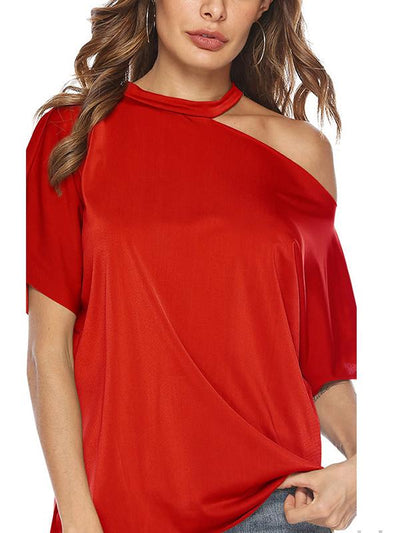 Band Neck Short sleeves one off shoulder woman t-shirts