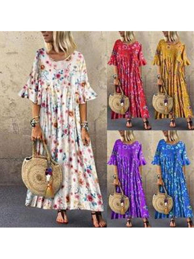 Floral printed round neck short sleeves casual loose maxi dresses