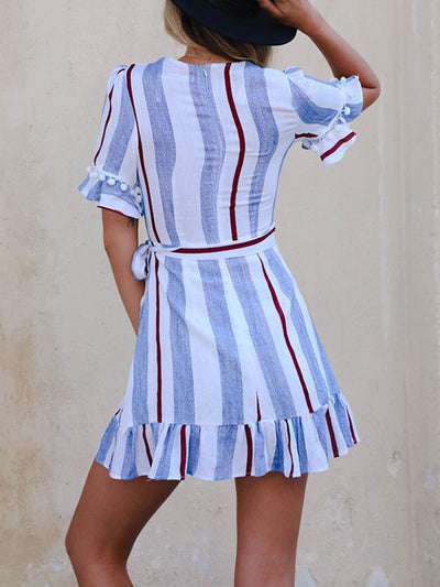 Chic Women stripe printed deep v neck mini shift dresses