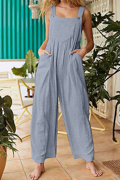 Casual Solid Pocket Buttons Square Collar Jumpsuits(3 Colors)