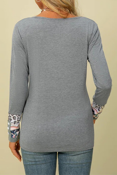Casual Print Split Joint Buttons V Neck Tops