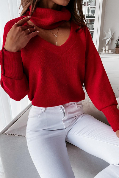 Fashion Elegant Solid Hollowed Out Buttons Turtleneck Tops(3 Colors) Sweaters