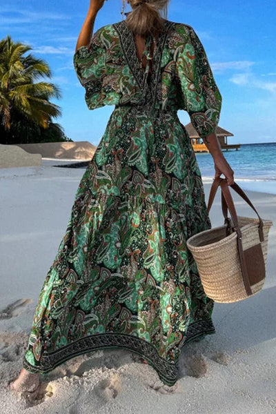 Fashion Print Printing V Neck Beach Dresses(3 colors)