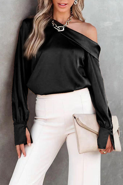 Casual Elegant Solid Patch Solid Color Oblique Collar Tops Blouses