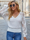 V neck lace design women white sweaters