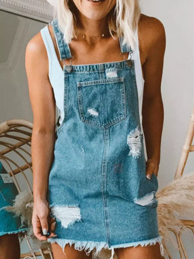 Casual Solid Ripped Pocket Square Collar Sleeveless Straight Denim Skirts