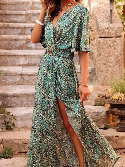 Bohemian College Floral Patchwork With Belt V Neck Waist Skirt Dresses Vacation Dresses(5 Colors)