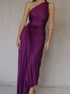 Elegant Formal Solid Fold Asymmetrical Oblique Collar Evening Dress Dresses
