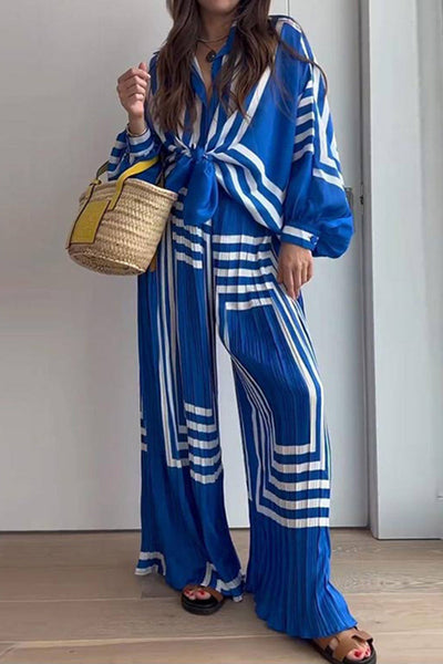 Casual Striped Print Patchwork V Neck Long Sleeve Two Pieces Jumpsuits