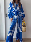 Casual Striped Print Patchwork V Neck Long Sleeve Two Pieces Jumpsuits
