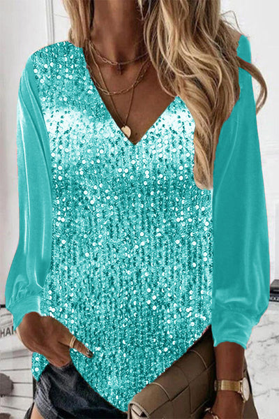 Casual Solid Sequins V Neck Tops T-Shirts