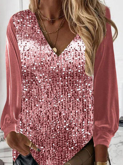 Casual Solid Sequins V Neck Tops T-Shirts