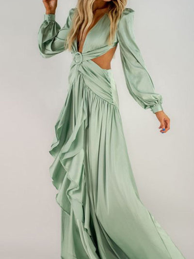 Sexy Solid Hollowed Out V Neck A Line Dresses Maxi Dresses