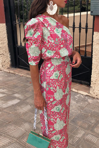 Elegant Floral Patchwork Oblique Collar Printed Dress Maxi Dresses