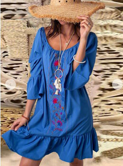 Embroidery  Round neck Long sleeve Falbala Shift Dresses