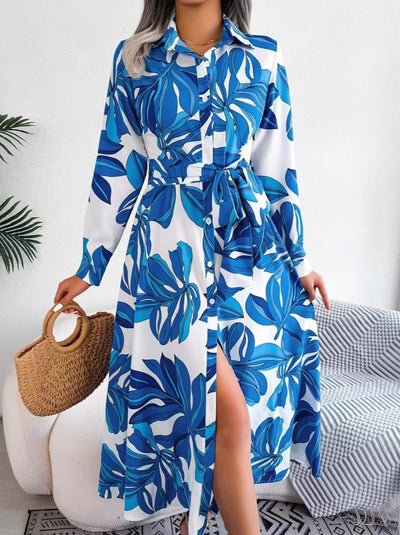 Elegant Floral Patchwork Turndown Collar A Line Dresses Maxi Dresses