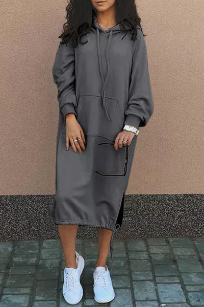 Casual Solid Patchwork Hooded Collar Long Sleeve Dresses Maxi Dresses