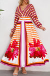 Elegant College Striped Floral Patchwork V Neck Printed Dress Dresses