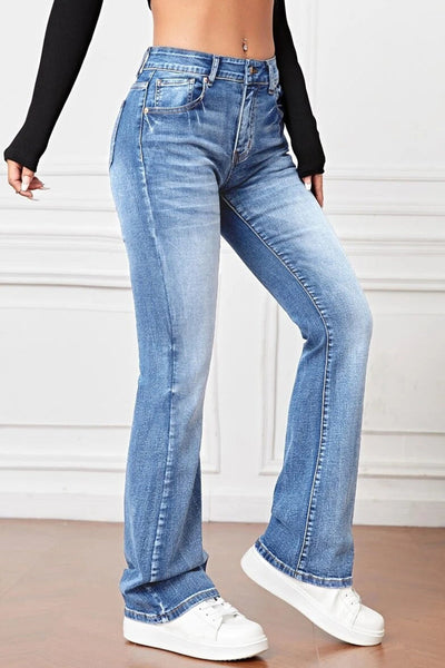 Casual Solid Pocket High Waist Denim Jeans