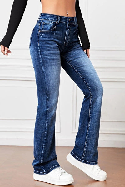 Casual Solid Pocket High Waist Denim Jeans