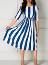Belted Stripe Print Half Sleeve Skater Dress