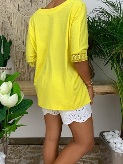 Lace v-neck button-down large size solid loose blouses