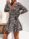 Spring and autumn sexy fashion V collar leopard printed flared sleeve skater dress