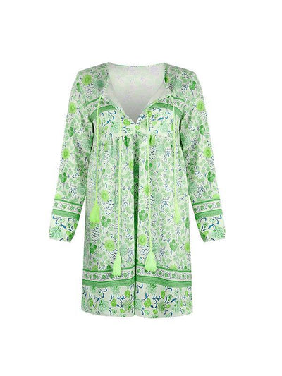 Women tie neck printed floral long sleeve shift dresses