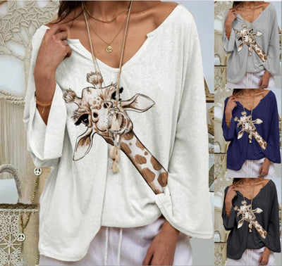 V neck Giraffe Printed Long Sleeve Fashion T-shirts for Spring