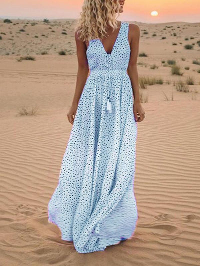 Sexy v-neck polka printed sleveless beach vacation dresses
