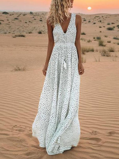 Sexy v-neck polka printed sleveless beach vacation dresses