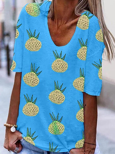 Summer women Pineapple printed u neck short sleeve T-shirts