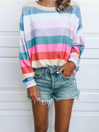 Autumn Fashion Printed Round Neck Long-sleeved Stripe Sweatshirts Top
